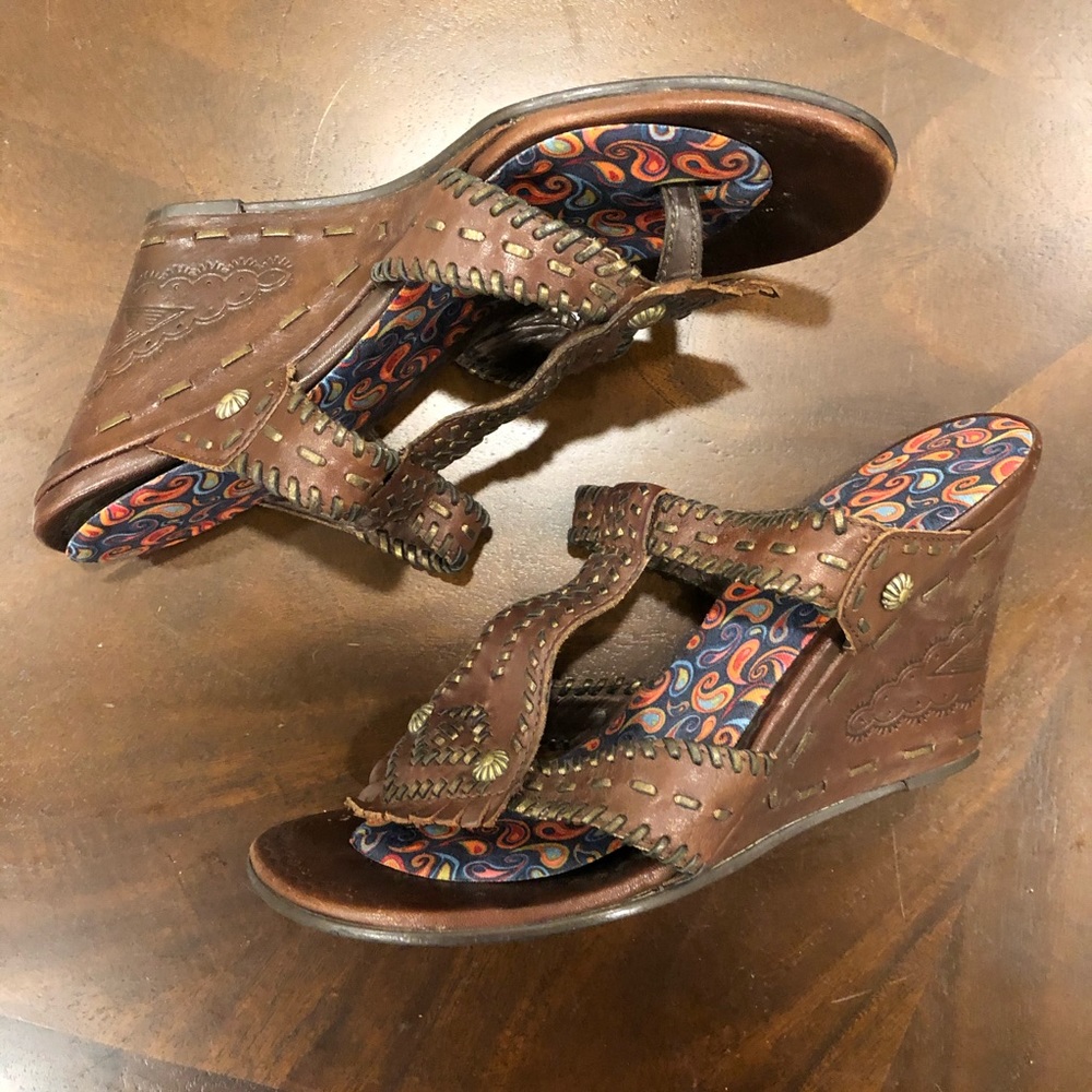 Vintage Tooled Genuine Brown Leather Wedges